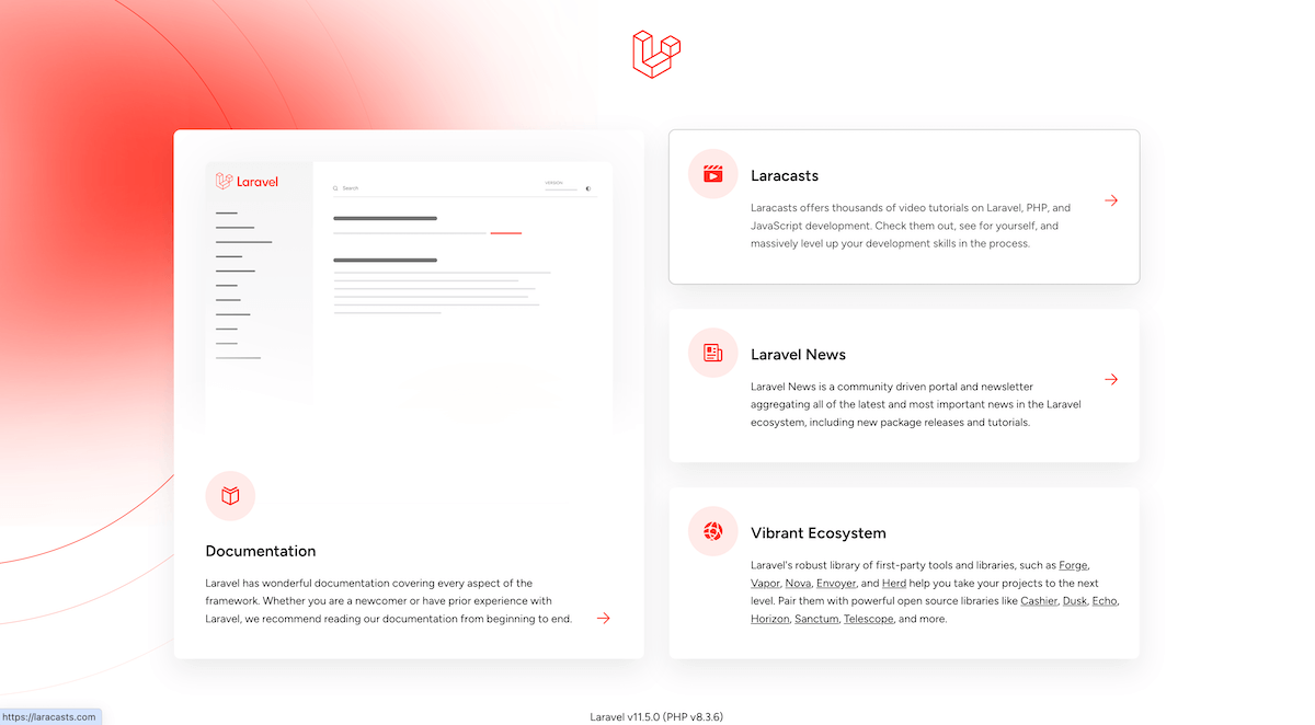 Laravel Installation page after starting laravel sail